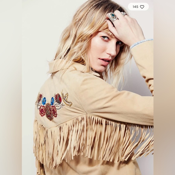 RARE Free People Sydney Vintage Fringed Beaded Suede Jacket - Tan - Picture 2 of 8
